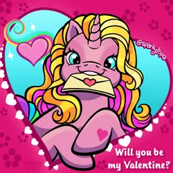 Size: 2400x2400 | Tagged: safe, artist:sparkytopia, derpibooru import, part of a set, rarity (g3), pony, unicorn, g3, cute, heart, holiday, image, looking at you, pink coat, png, solo, valentine's day, valentine's day card