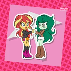 Size: 2500x2500 | Tagged: safe, artist:theratedrshimmer, derpibooru import, sunset shimmer, wallflower blush, human, equestria girls, alternate clothes, boots, clothes, cute, female, flowerbetes, high heel boots, image, jacket, lesbian, open mouth, open smile, passepartout, png, shimmerbetes, ship:wallset, shipping, shirt, shoes, skirt, smiling, vest, wallset