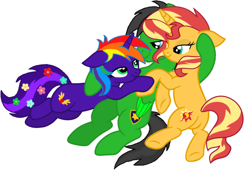 Size: 2549x1771 | Tagged: safe, artist:star-armour95, derpibooru import, sunset shimmer, oc, oc:rainbow flower, oc:star armour, pegasus, pony, unicorn, female, g4, image, male, png, simple background, transparent background