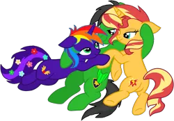 Size: 2549x1771 | Tagged: safe, artist:star-armour95, derpibooru import, sunset shimmer, oc, oc:rainbow flower, oc:star armour, pegasus, pony, unicorn, female, g4, image, male, png, simple background, transparent background