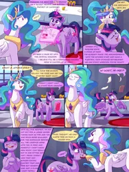 Size: 3000x4000 | Tagged: safe, artist:graphenescloset, artist:sirmasterdufel, derpibooru import, princess celestia, twilight sparkle, twilight sparkle (alicorn), alicorn, series:twilight h&h blorp program, collaboration, dialogue, duo, image, incentive drive, png, this will end in weight gain, weight gain comic, weight gain sequence