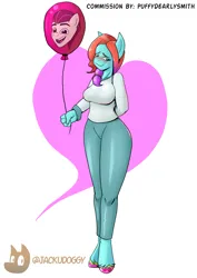 Size: 2480x3508 | Tagged: safe, artist:jackudoggy, derpibooru import, rocky riff, anthro, earth pony, unguligrade anthro, g5, my little pony: tell your tale, balloon, blushing, breasts, busty jazz hooves, cameltoe, clothes, commissioner:puffydearlysmith, cute, female, hooves, image, jazz hearts rocky, jazz hooves, jazzibetes, png, simple background, smiling