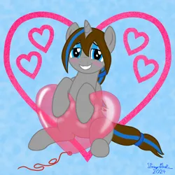 Size: 3000x3000 | Tagged: safe, artist:twiny dust, derpibooru import, oc, oc:dust, oc:dusty, pony, unicorn, awkward smile, balloon, blushing, embarrassed, female, hairband, heart, heart balloon, hearts and hooves day, horn, image, mare, png, ponytail, rule 63, smiling, solo, unicorn oc