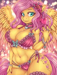 Size: 1368x1800 | Tagged: suggestive, artist:cheezayballz, derpibooru import, fluttershy, anthro, pegasus, unguligrade anthro, big breasts, bra, breasts, busty fluttershy, clothes, female, flower, flower in hair, hearts and hooves day, holiday, image, jpeg, lingerie, panties, solo, solo female, underwear, valentine's day