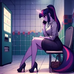 Size: 1024x1024 | Tagged: safe, ai content, derpibooru import, machine learning generated, twilight sparkle, anthro, adorasexy, breasts, button-up shirt, chair, clothes, cute, female, g4, glow, glowing horn, high heels, horn, image, large butt, looking down, mobile phone, phone, png, ponytail, prompter:horselover fat, purse, reasonably sized breasts, sexy, shirt, shoes, side view, sideboob, sitting, solo, talking, tiled floor, vending machine, white shirt, wide hips