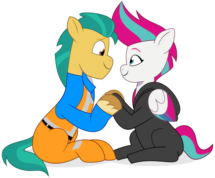 Size: 1920x1591 | Tagged: safe, artist:grapefruit-face, derpibooru import, hitch trailblazer, zipp storm, pegasus, pony, g5, my little pony: tell your tale, clothes, cosplay, costume, duo, emmet brickowski, female, holding hooves, hoodie, image, lego, male, png, ship:stormblazer, shipping, simple background, straight, the lego movie, transparent background, wyldstyle