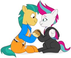 Size: 1920x1591 | Tagged: safe, artist:grapefruit-face, derpibooru import, hitch trailblazer, zipp storm, pegasus, pony, g5, my little pony: tell your tale, clothes, cosplay, costume, duo, emmet brickowski, female, holding hooves, hoodie, image, lego, male, png, ship:stormblazer, shipping, simple background, straight, the lego movie, transparent background, wyldstyle