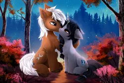 Size: 4546x3030 | Tagged: safe, artist:empress-twilight, derpibooru import, oc, unofficial characters only, pony, duo, forest, image, kissing, nature, png, tree