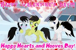 Size: 5714x3817 | Tagged: safe, artist:creedyboy124, derpibooru import, oc, oc:chloe park, oc:sadie park, oc:shane park, unofficial characters only, pegasus, pony, blushing, car, female, hearts and hooves day, holiday, image, kicking, lesbian, male, mare, png, shipping, stallion, valentine's day