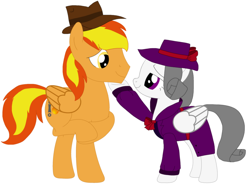 Size: 1280x955 | Tagged: safe, artist:rydersimmer, derpibooru import, oc, oc:firey ratchet, oc:oliver spade, unofficial characters only, pegasus, pony, clothes, coat, detective, duo, fedora, female, g4, hat, image, male, mare, png, simple background, stallion, transparent background, trenchcoat