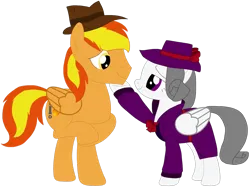 Size: 1280x955 | Tagged: safe, artist:rydersimmer, derpibooru import, oc, oc:firey ratchet, oc:oliver spade, unofficial characters only, pegasus, pony, clothes, coat, detective, duo, fedora, female, g4, hat, image, male, mare, png, simple background, stallion, transparent background, trenchcoat