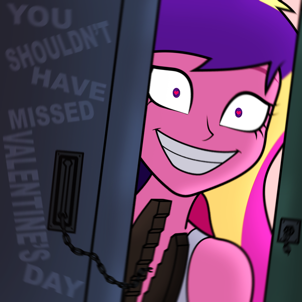 Size: 2000x2000 | Tagged: safe, artist:grey, derpibooru import, princess cadance, equestria girls, bolt cutters, clothes, dean cadance, door, fimfiction, g4, heart, heart eyes, holiday, image, imminent rape, imminent sex, lock, looking at you, messy hair, png, principal cadance, smiling, smiling at you, solo, swirly eyes, tanktop, valentine's day, wide smile, wingding eyes