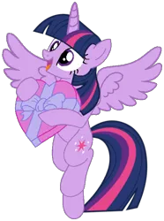 Size: 524x705 | Tagged: safe, artist:noi kincade, derpibooru import, twilight sparkle, twilight sparkle (alicorn), alicorn, pony, box of chocolates, female, g4, happy, hearts and hooves day, holiday, image, mare, png, simple background, solo, spread wings, transparent background, valentine's day, wings