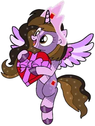 Size: 576x760 | Tagged: safe, artist:noi kincade, derpibooru import, oc, oc:princess kincade, unofficial characters only, pony, box of chocolates, female, flying, g4, holiday, image, mare, png, simple background, spread wings, transparent background, valentine's day, wings