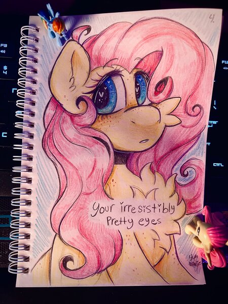 Size: 3024x4032 | Tagged: safe, artist:yumkandie, derpibooru import, fluttershy, rainbow dash, pegasus, pony, blushing, cheek fluff, eyebrows, eyebrows visible through hair, female, figurine, flutterdash, heart, heart eyes, image, jewelry, jpeg, lesbian, pencil drawing, shipping, traditional art, wingding eyes, wings