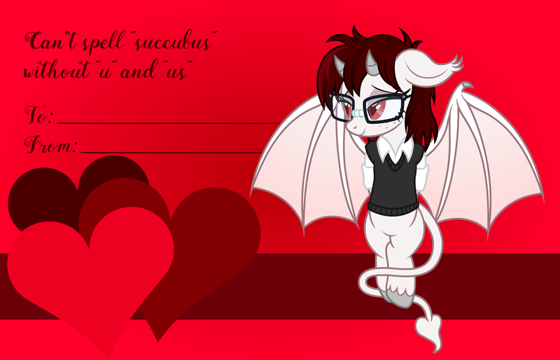 Size: 3156x2028 | Tagged: safe, artist:badumsquish, derpibooru import, oc, oc:tanith, unofficial characters only, demon, demon pony, monster pony, original species, pony, succubus, succubus pony, arm behind back, bashful, bat wings, bucktooth, clothes, derpibooru exclusive, dork, female, flirting, floppy ears, g4, gap teeth, glasses, heart, holiday, horns, image, looking away, mare, meganekko, messy mane, nerd, nerd pony, png, red eyes, rolled up sleeves, show accurate, slit pupils, smiling, solo, spaded tail, tail, tape, valentine, valentine's day, valentine's day card, vest, wings