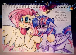 Size: 4030x2940 | Tagged: safe, artist:yumkandie, derpibooru import, fluttershy, rainbow dash, twilight sparkle, twilight sparkle (alicorn), alicorn, pegasus, pony, :<, angry, blushing, cheek fluff, eyebrows, eyebrows visible through hair, female, figurine, floppy ears, flutterdash, fluttershy is not amused, heart, heart eyes, image, jewelry, jpeg, lesbian, pencil drawing, protecting, shipping, spread wings, starry eyes, traditional art, unamused, upset, wingding eyes, wings