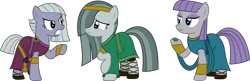Size: 4637x1501 | Tagged: safe, artist:sketchmcreations, derpibooru import, limestone pie, marble pie, maud pie, earth pony, gorgon, pony, american dragon jake long, angry, boulder (g4), bracelet, clothes, dress, female, headband, hoof hold, image, jewelry, mare, pie sisters, png, pointing, raised hoof, sandals, siblings, simple background, sisters, transparent background, vector, voice actor joke