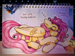 Size: 4031x3023 | Tagged: safe, artist:yumkandie, derpibooru import, fluttershy, rainbow dash, pegasus, pony, bed, blushing, eyebrows, eyes closed, female, figurine, flutterdash, image, jpeg, lesbian, lying down, on bed, onomatopoeia, pencil drawing, pillow, shipping, sleeping, snoring, solo, sound effects, traditional art, wings, zzz