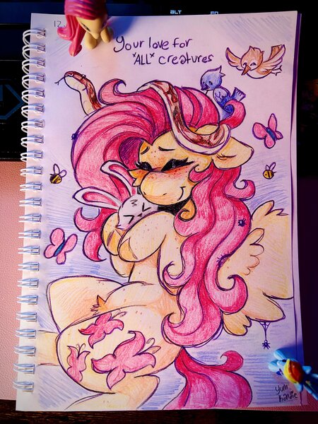 Size: 3024x4032 | Tagged: safe, artist:yumkandie, derpibooru import, angel bunny, fluttershy, rainbow dash, bee, bird, butterfly, insect, pegasus, pony, rabbit, snake, spider, animal, blushing, cheek fluff, eyebrows, eyes closed, female, figurine, floating heart, floppy ears, flutterdash, heart, hug, image, jpeg, lesbian, pencil drawing, pubic fluff, shipping, smiling, traditional art, wings