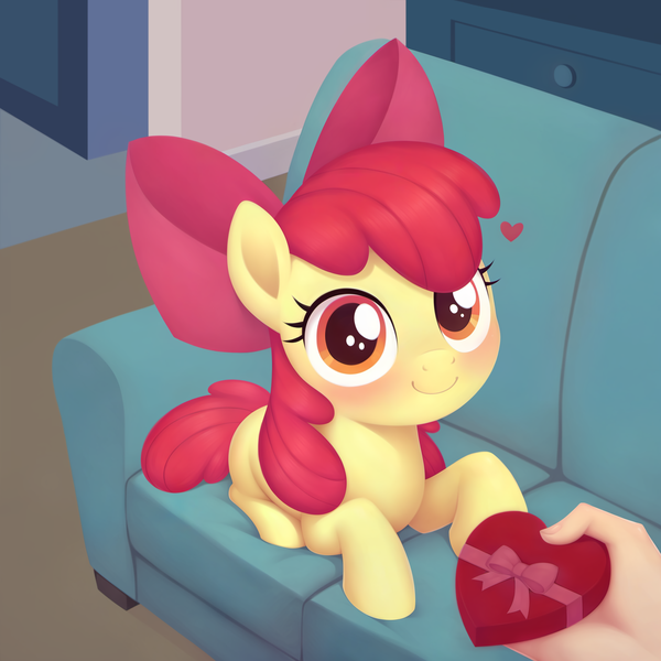 Size: 2560x2560 | Tagged: safe, ai content, derpibooru import, machine learning assisted, apple bloom, earth pony, pony, adorabloom, blushing, box of chocolates, couch, cute, drawer, female, filly, foal, hand, heart, heart shaped box, holiday, image, indoors, living room, looking at you, lying down, offscreen character, png, ponyloaf, pov, prone, smiling, smiling at you, solo, valentine's day