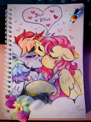 Size: 3024x4032 | Tagged: safe, artist:yumkandie, derpibooru import, fluttershy, rainbow dash, pegasus, pony, blushing, cloud, cuddling, ear piercing, earring, eyebrows, eyebrows visible through hair, eyes closed, female, figurine, floating heart, flutterdash, heart, hug, image, jewelry, jpeg, kiss on the lips, kissing, lesbian, love, nose piercing, on a cloud, pencil drawing, piercing, scar, shipping, snuggling, traditional art, wings
