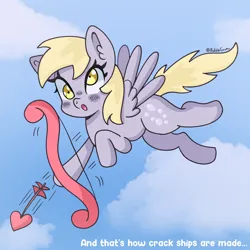 Size: 2500x2500 | Tagged: safe, artist:bubblegooey, derpibooru import, derpy hooves, pegasus, pony, arrow, blush sticker, blushing, bow, cloud, cloudy, clumsy, cupid, cute, derp, derpabetes, ear fluff, female, flying, g4, heart, holiday, image, mare, open mouth, png, raised hoof, raised leg, signature, sky, solo, spread wings, surprised, text, valentine's day, wings
