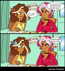 Size: 851x939 | Tagged: safe, artist:jenna56, derpibooru import, oc, oc:jen star, oc:verik lust, unofficial characters only, equestria girls, 2 panel comic, comic, dialogue, disgusted, female, heart, image, jpeg, male