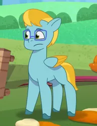 Size: 600x777 | Tagged: safe, derpibooru import, screencap, pegasus, pony, filly filling, g5, my little pony: tell your tale, spoiler:g5, spoiler:my little pony: tell your tale, spoiler:tyts01e33, cropped, feather clips, folded wings, glasses, image, male, outdoors, png, stallion, wings
