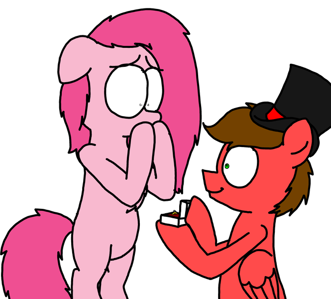 Size: 3351x3023 | Tagged: safe, artist:professorventurer, derpibooru import, oc, oc:cassie venturer, oc:professor venturer, earth pony, pegasus, pony, bipedal, hearts and hooves day, holiday, image, jewelry, marriage proposal, not pinkamena, png, ring, shocked, touched, valentine's day