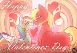 Size: 1600x1100 | Tagged: safe, alternate version, artist:tresmariasarts, derpibooru import, big macintosh, rainbow dash, pony, alternate hairstyle, alternate universe, beard, commission, eyepatch, facial hair, female, heart, hearts and hooves day, holiday, image, looking at each other, looking at someone, male, png, ship:rainbowmac, shipping, smiling, smiling at each other, straight, valentine's day