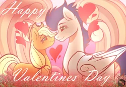 Size: 1600x1100 | Tagged: safe, artist:tresmariasarts, derpibooru import, applejack, soarin', applejack's hat, commission, cowboy hat, female, green eyes, hat, heart, hearts and hooves day, holiday, image, looking at each other, looking at someone, male, png, shipping, smiling, smiling at each other, soarinjack, straight, valentine's day