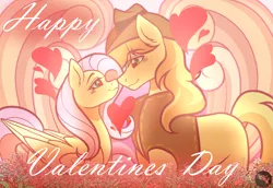 Size: 1600x1100 | Tagged: safe, artist:tresmariasarts, derpibooru import, braeburn, fluttershy, braeburn's hat, clothes, commission, cute, female, green eyes, hat, heart, hearts and hooves day, holiday, image, looking at each other, looking at someone, male, png, ship:braeshy, shipping, smiling, smiling at each other, straight, valentine's day, vest
