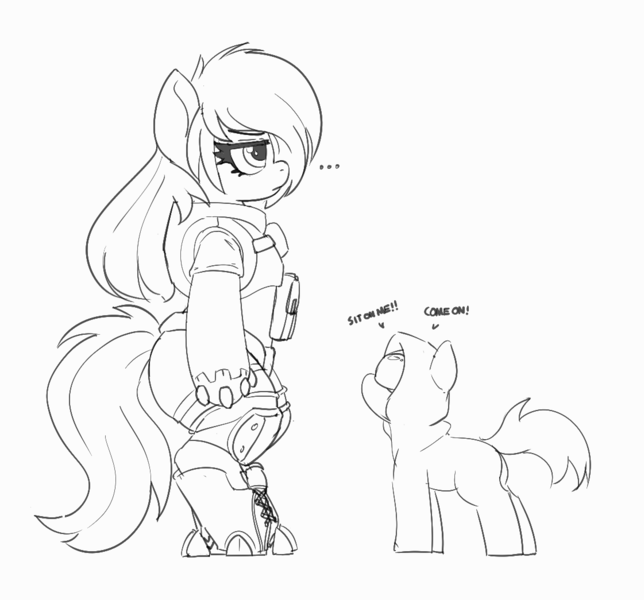 Size: 1121x1045 | Tagged: suggestive, artist:pabbley, derpibooru import, oc, unofficial characters only, cyborg, earth pony, pony, semi-anthro, ..., artificial hands, big mare, black and white, butt, clothes, dialogue, duo, duo male and female, female, garter, grayscale, image, implied facesitting, knee pads, lab coat, lidded eyes, male, mare, monochrome, plot, png, simple background, size difference, soldier, stallion, tactical vest, thighs, white background