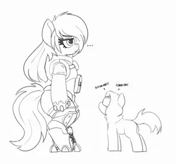Size: 1121x1045 | Tagged: suggestive, artist:pabbley, derpibooru import, oc, unofficial characters only, cyborg, earth pony, pony, semi-anthro, ..., artificial hands, big mare, black and white, butt, clothes, dialogue, duo, duo male and female, female, garter, grayscale, image, implied facesitting, knee pads, lab coat, lidded eyes, male, mare, monochrome, plot, png, simple background, size difference, soldier, stallion, tactical vest, thighs, white background