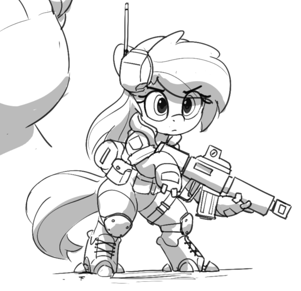 Size: 1009x976 | Tagged: safe, artist:pabbley, derpibooru import, oc, unofficial characters only, cyborg, earth pony, pony, semi-anthro, artificial hands, big mare, black and white, clothes, eyebrows, eyebrows visible through hair, female, garter, grayscale, gun, headset, image, knee pads, knife, looking at you, mare, monochrome, png, raised hoof, rifle, shoes, simple background, size difference, socks, soldier, solo, tactical vest, thighs, weapon, white background