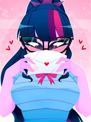 Size: 1500x2000 | Tagged: safe, artist:xan-gelx, derpibooru import, sci-twi, twilight sparkle, human, equestria girls, blushing, breasts, glasses, heart, holiday, image, implied lesbian, implied scitwishimmer, implied shipping, letter, png, valentine's day