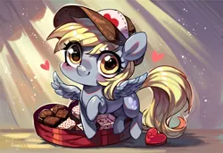 Size: 1216x832 | Tagged: safe, ai content, derpibooru import, machine learning generated, stable diffusion, derpy hooves, pegasus, blushing, chibi, chocolate, cute, derpibooru exclusive, food, g4, generator:pony diffusion v6 xl, hat, heart, holiday, image, png, prompt in description, prompter:lord waite, valentine's day