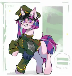 Size: 2614x2750 | Tagged: safe, artist:madiwann, derpibooru import, oc, unofficial characters only, pony, unicorn, captain, equal cutie mark, female, image, jpeg, mare, not starlight glimmer, solo, stamp, text, war