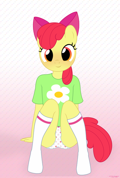 Size: 2008x2990 | Tagged: suggestive, artist:tolpain, banned from derpibooru, ponerpics import, ponybooru import, apple bloom, anthro, pony, abstract background, apple print underwear, apple underwear, blushing, clothes, cute, female, foal, foalcon, image, lolicon, nightgown, panties, png, smiling, underage, underwear