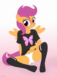 Size: 2070x2775 | Tagged: suggestive, artist:tolpain, banned from derpibooru, ponerpics import, ponybooru import, scootaloo, anthro, pony, abstract background, blushing, clothes, cute, female, foal, foalcon, image, lolicon, nightgown, panties, png, smiling, underage, underwear, white underwear