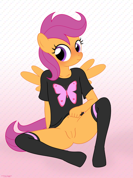 Size: 2070x2775 | Tagged: explicit, artist:tolpain, banned from derpibooru, ponerpics import, ponybooru import, scootaloo, anthro, pony, abstract background, blushing, bottomless, clothes, commando, cute, female, foal, foalcon, image, lolicon, nightgown, no panties, nudity, partial nudity, png, smiling, underage, vulva