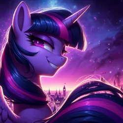 Size: 1024x1024 | Tagged: safe, ai content, derpibooru import, machine learning generated, twilight sparkle, pony, building, evil grin, female, generator:dall-e 3, grin, image, jpeg, looking back, mare, smiling, solo, solo female