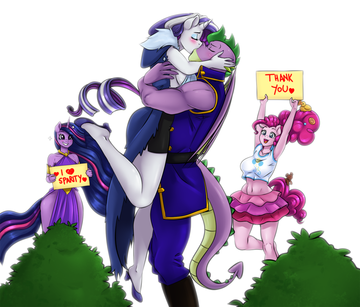 Size: 1500x1278 | Tagged: safe, artist:pia-sama, derpibooru import, pinkie pie, rarity, spike, twilight sparkle, twilight sparkle (alicorn), alicorn, anthro, dragon, earth pony, plantigrade anthro, pony, unicorn, adult, adult spike, boots, clothes, eyes closed, female, high heel boots, image, jumping, kissing, male, mare, older, older rarity, older spike, png, shipping, shoes, sign, smiling, sparity, straight, uniform