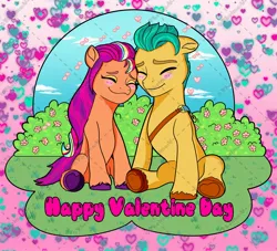 Size: 2048x1862 | Tagged: safe, artist:thelmavillagra, derpibooru import, hitch trailblazer, sunny starscout, earth pony, pony, g5, blushing, duo, duo male and female, eyes closed, female, floppy ears, grass, heart, image, jpeg, male, mare, nuzzling, shipping, sitting, smiling, stallion, straight, sunnyhitch