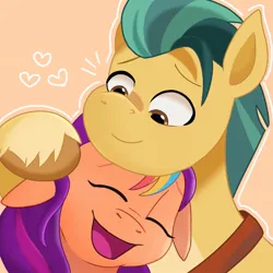 Size: 626x626 | Tagged: safe, artist:artsafras, derpibooru import, hitch trailblazer, sunny starscout, earth pony, pony, g5, affection, duo, duo male and female, eyes closed, female, heart, hug, image, jpeg, looking at someone, male, mare, open mouth, open smile, shipping, smiling, stallion, straight, sunnyhitch
