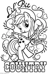 Size: 1974x2988 | Tagged: safe, derpibooru import, official, earth pony, pony, black and white, coloring page, country applejack, crayola, female, g4, grayscale, heart, image, lasso, lineart, mare, monochrome, png, rope, scan, solo, stock vector, text