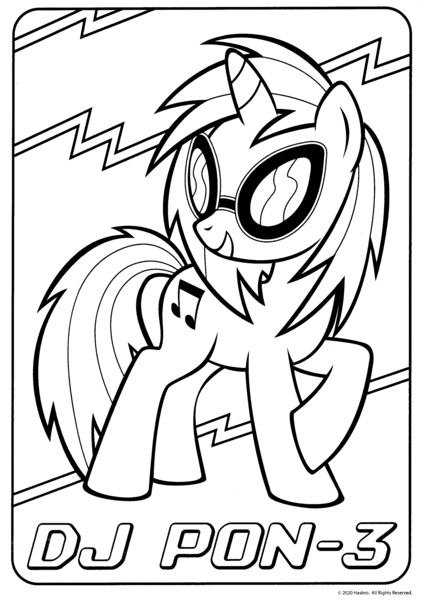 Size: 2148x3009 | Tagged: safe, derpibooru import, official, vinyl scratch, pony, unicorn, black and white, coloring book, crayola, female, g4, grayscale, image, mare, merchandise, monochrome, name, open mouth, open smile, png, raised hoof, reference sheet, scan, smiling, solo, text