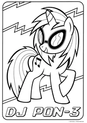 Size: 2148x3009 | Tagged: safe, derpibooru import, official, vinyl scratch, pony, unicorn, black and white, coloring book, crayola, female, g4, grayscale, image, mare, merchandise, monochrome, name, open mouth, open smile, png, raised hoof, reference sheet, scan, smiling, solo, text