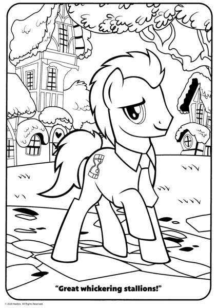 Size: 1280x1817 | Tagged: safe, derpibooru import, official, doctor whooves, time turner, earth pony, pony, slice of life (episode), black and white, coloring book, coloring page, crayola, dialogue, g4, grayscale, great whickering stallions, image, looking at you, male, monochrome, necktie, outdoors, png, ponyville, raised hoof, smiling, smiling at you, solo, stallion, text, tree